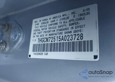 2005 Honda Accord 2.4 Lx Special Edition из США, поврежденный, VIN 1HGCM72515A023728